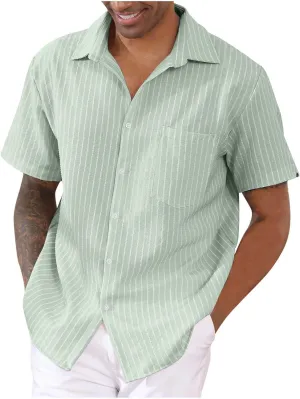 Mens Summer Short Sleeve Beach Shirt Button Down Cardigan Light Weight Casual Vacation Tops Striped Hawaiian Shirt