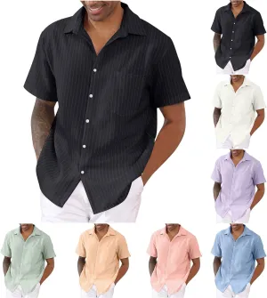 Mens Summer Short Sleeve Beach Shirt Button Down Cardigan Light Weight Casual Vacation Tops Striped Hawaiian Shirt
