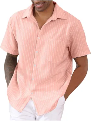 Mens Summer Short Sleeve Beach Shirt Button Down Cardigan Light Weight Casual Vacation Tops Striped Hawaiian Shirt