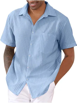 Mens Summer Short Sleeve Beach Shirt Button Down Cardigan Light Weight Casual Vacation Tops Striped Hawaiian Shirt