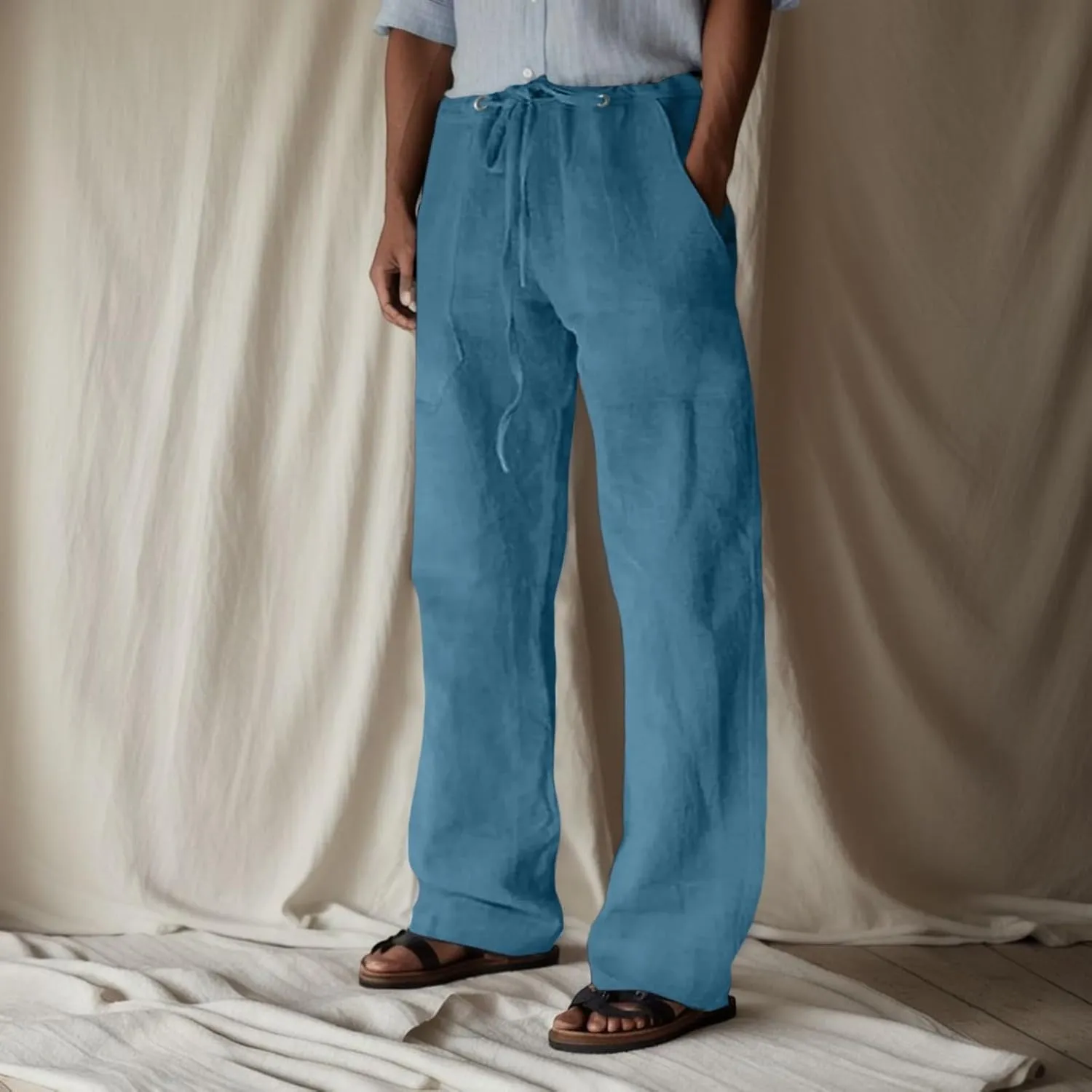 Mens Summer Straight Leg Long Pants Casual Baggy Elastic Waist Wide Leg Trousers Solid Lightweight Comfort Pants