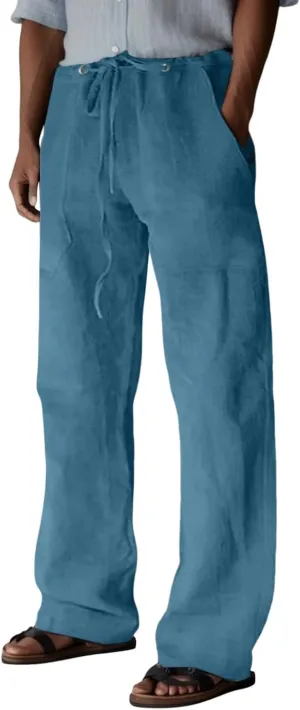 Mens Summer Straight Leg Long Pants Casual Baggy Elastic Waist Wide Leg Trousers Solid Lightweight Comfort Pants