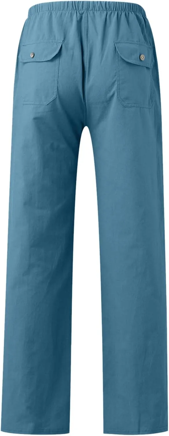 Mens Summer Straight Leg Long Pants Casual Baggy Elastic Waist Wide Leg Trousers Solid Lightweight Comfort Pants
