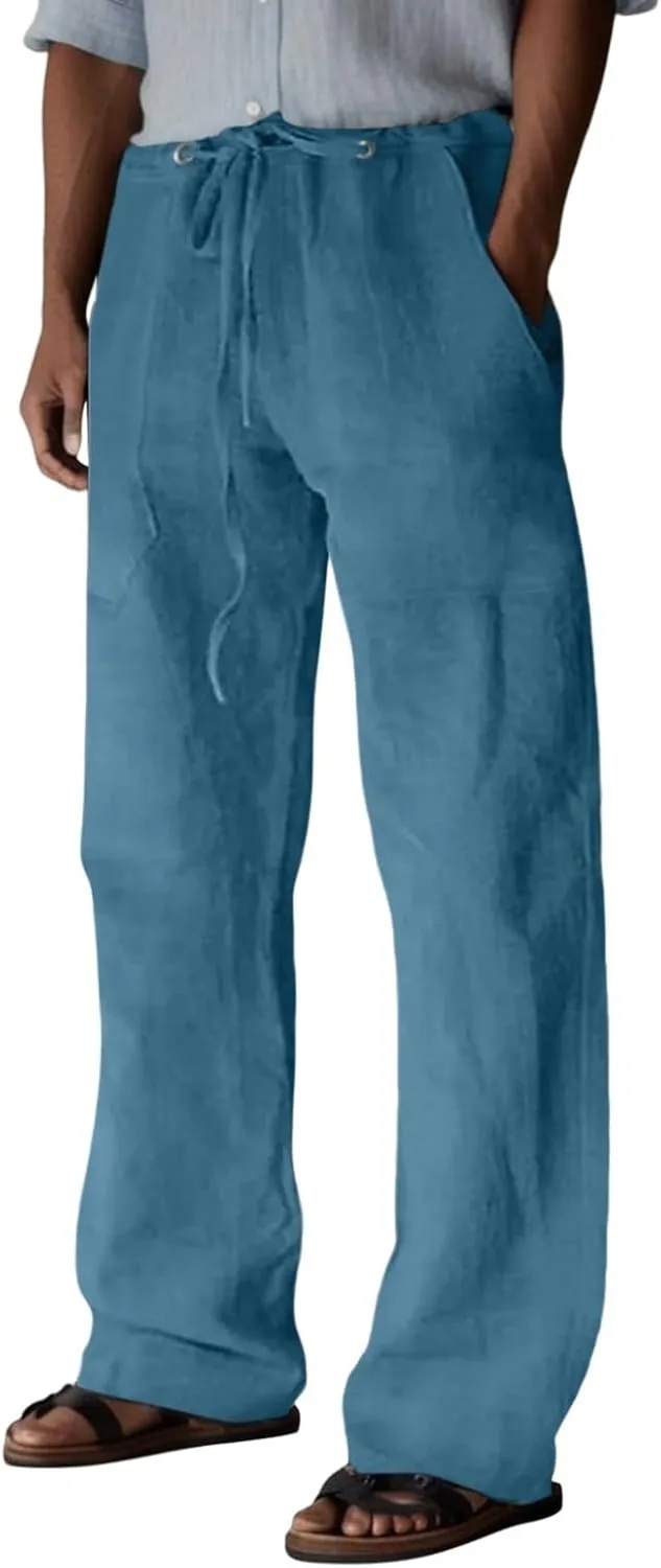 Mens Summer Straight Leg Long Pants Casual Baggy Elastic Waist Wide Leg Trousers Solid Lightweight Comfort Pants