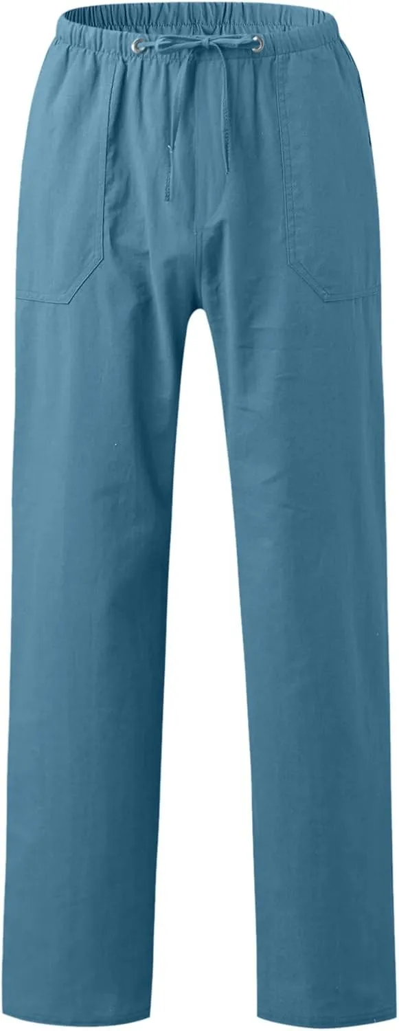 Mens Summer Straight Leg Long Pants Casual Baggy Elastic Waist Wide Leg Trousers Solid Lightweight Comfort Pants