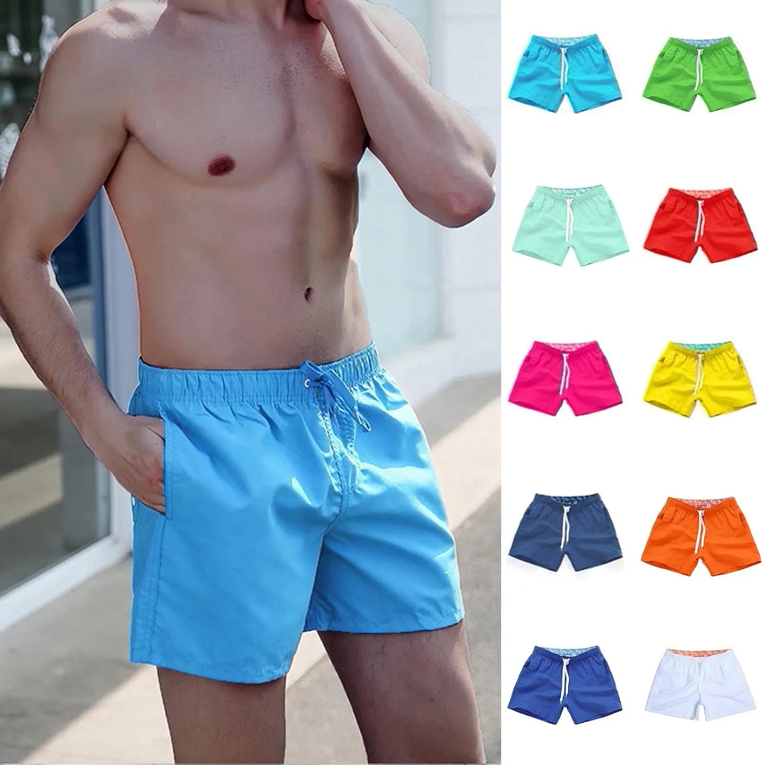 Men's Summer Swim Trunks Quick Dry Surf Boardshorts, Solid Color Loose Swimwear Bathing Suit Shorts with Mesh Lining