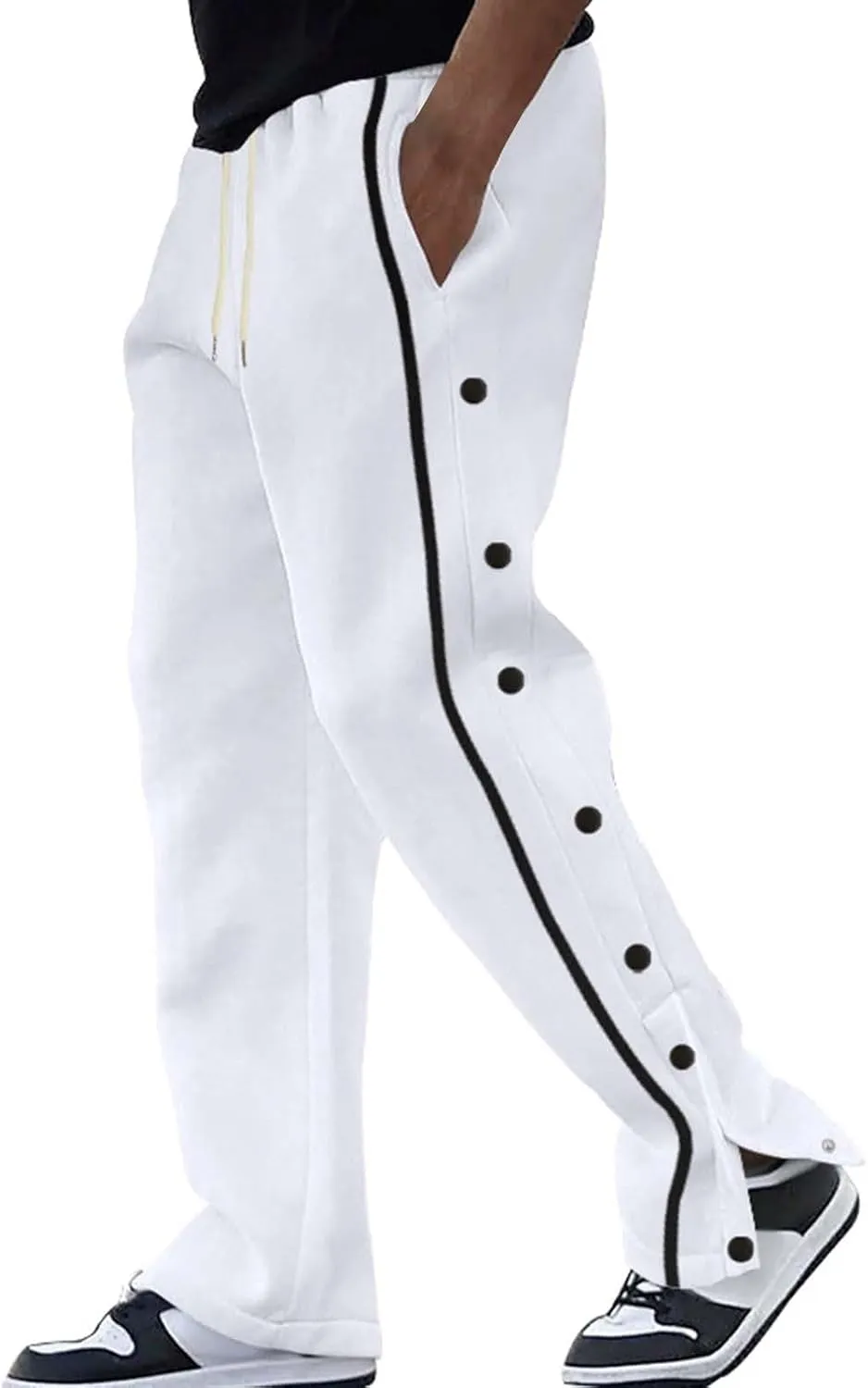 Mens Sweatpants Side Button Workout Pants Open Button Casual Straight Leg Trousers Drawstring Elastic Waist Gym Pants