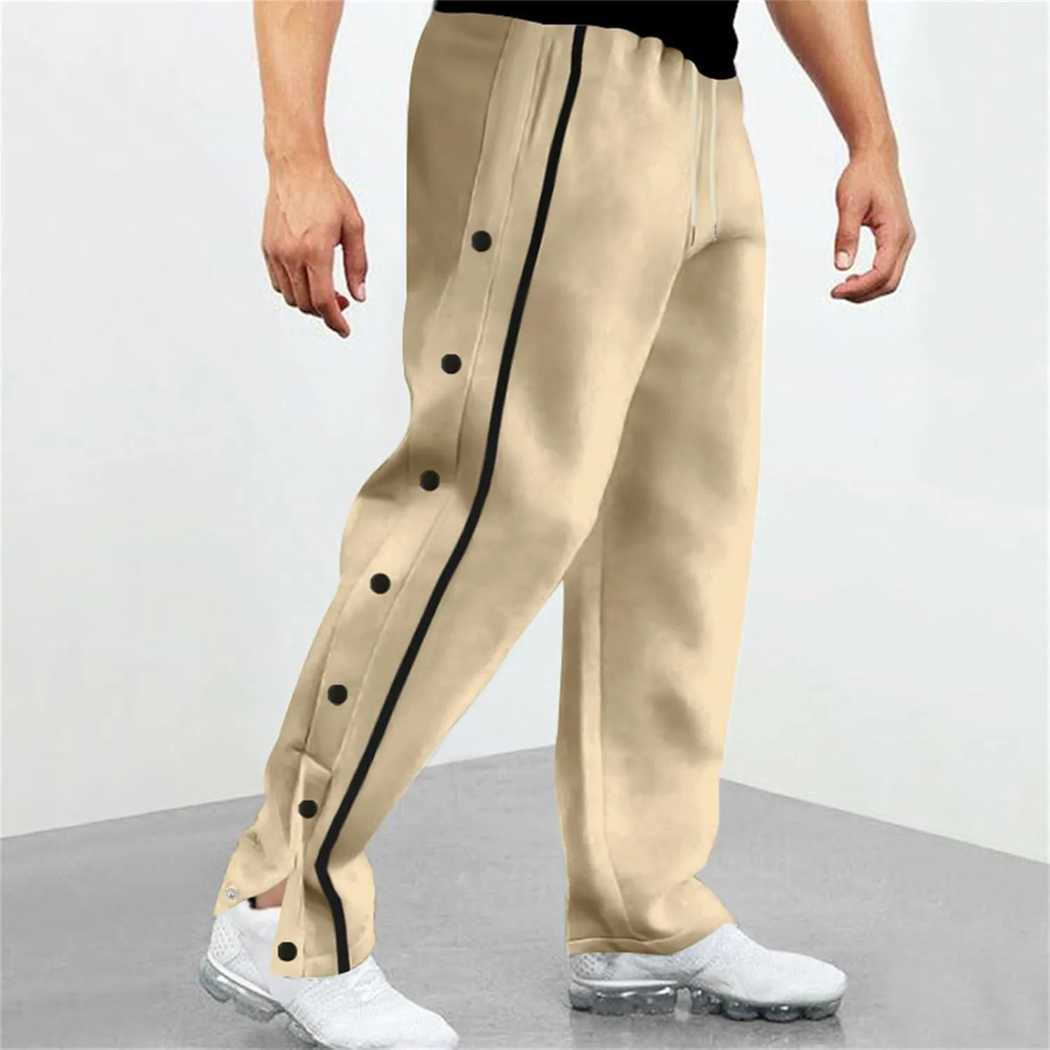 Mens Sweatpants Side Button Workout Pants Open Button Casual Straight Leg Trousers Drawstring Elastic Waist Gym Pants