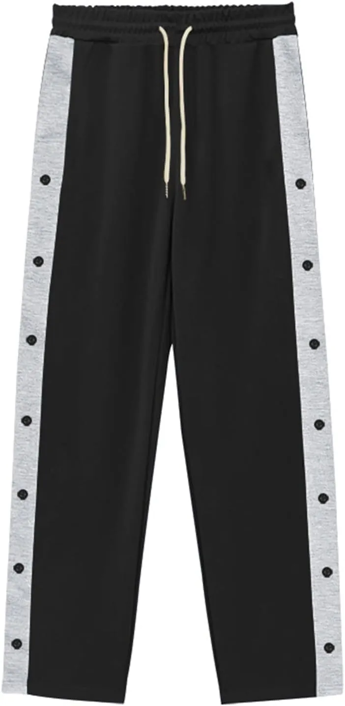 Mens Sweatpants Side Button Workout Pants Open Button Casual Straight Leg Trousers Drawstring Elastic Waist Gym Pants