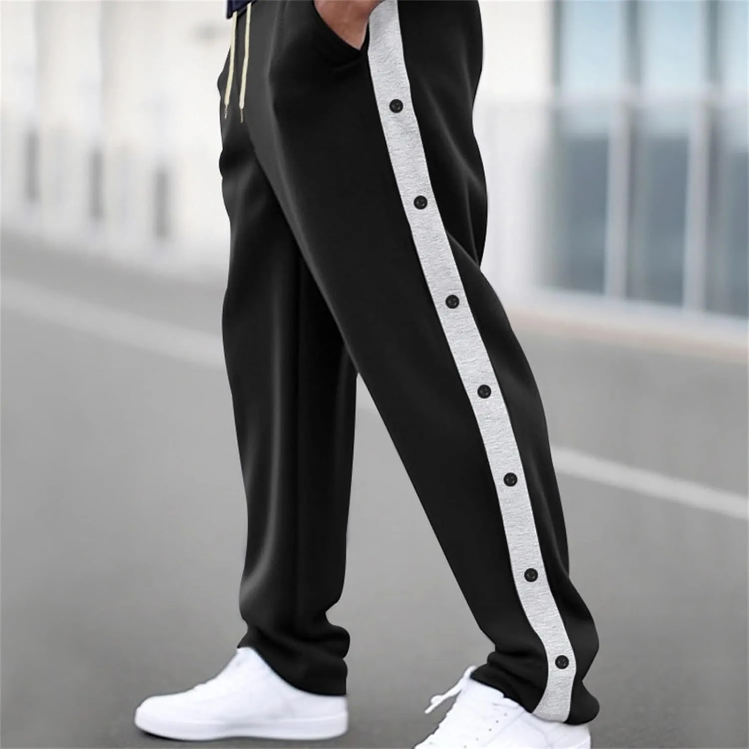 Mens Sweatpants Side Button Workout Pants Open Button Casual Straight Leg Trousers Drawstring Elastic Waist Gym Pants