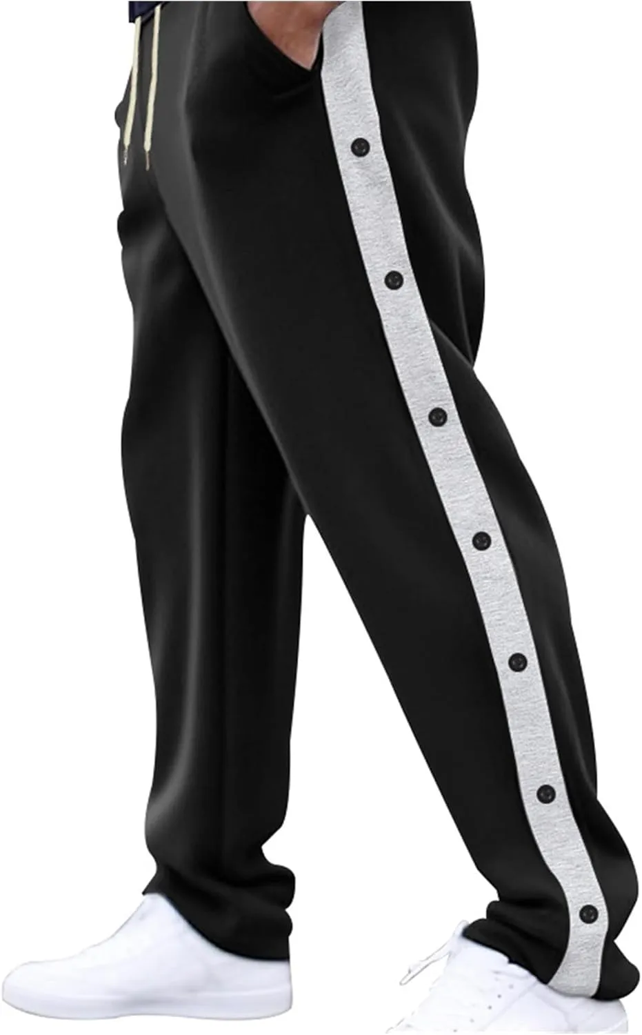 Mens Sweatpants Side Button Workout Pants Open Button Casual Straight Leg Trousers Drawstring Elastic Waist Gym Pants