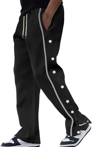 Mens Sweatpants Side Button Workout Pants Open Button Casual Straight Leg Trousers Drawstring Elastic Waist Gym Pants