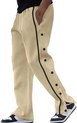 Mens Sweatpants Side Button Workout Pants Open Button Casual Straight Leg Trousers Drawstring Elastic Waist Gym Pants