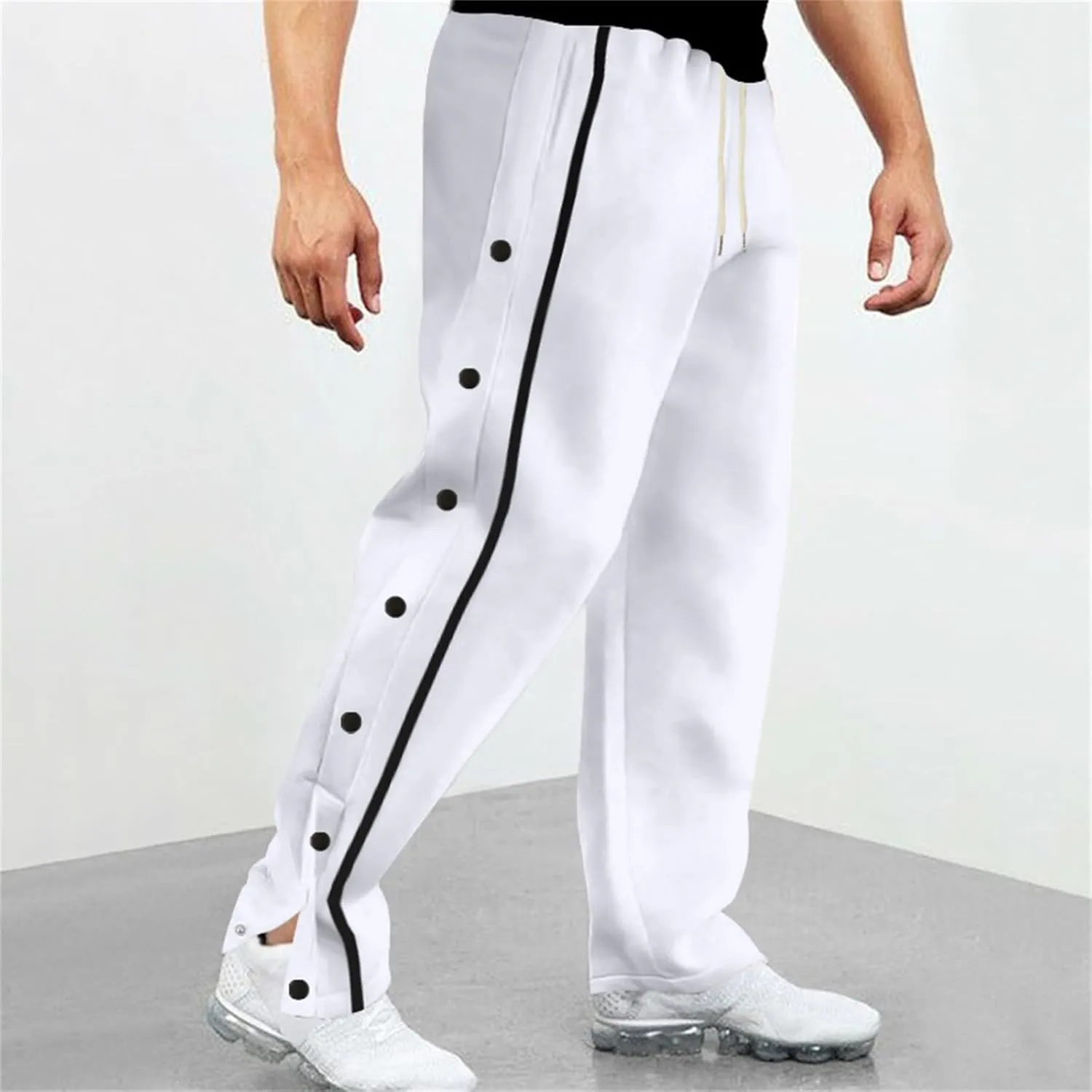 Mens Sweatpants Side Button Workout Pants Open Button Casual Straight Leg Trousers Drawstring Elastic Waist Gym Pants