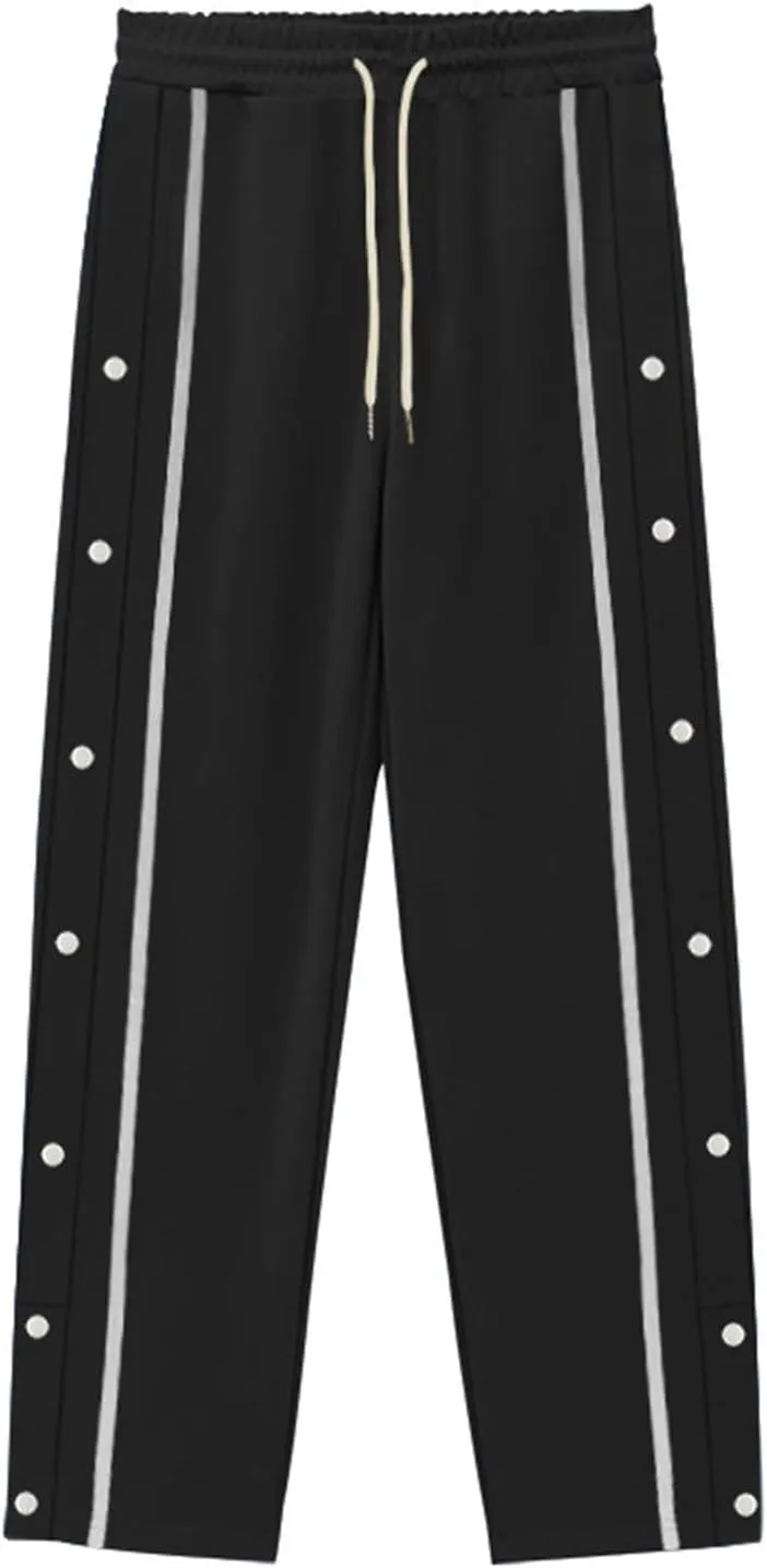 Mens Sweatpants Side Button Workout Pants Open Button Casual Straight Leg Trousers Drawstring Elastic Waist Gym Pants