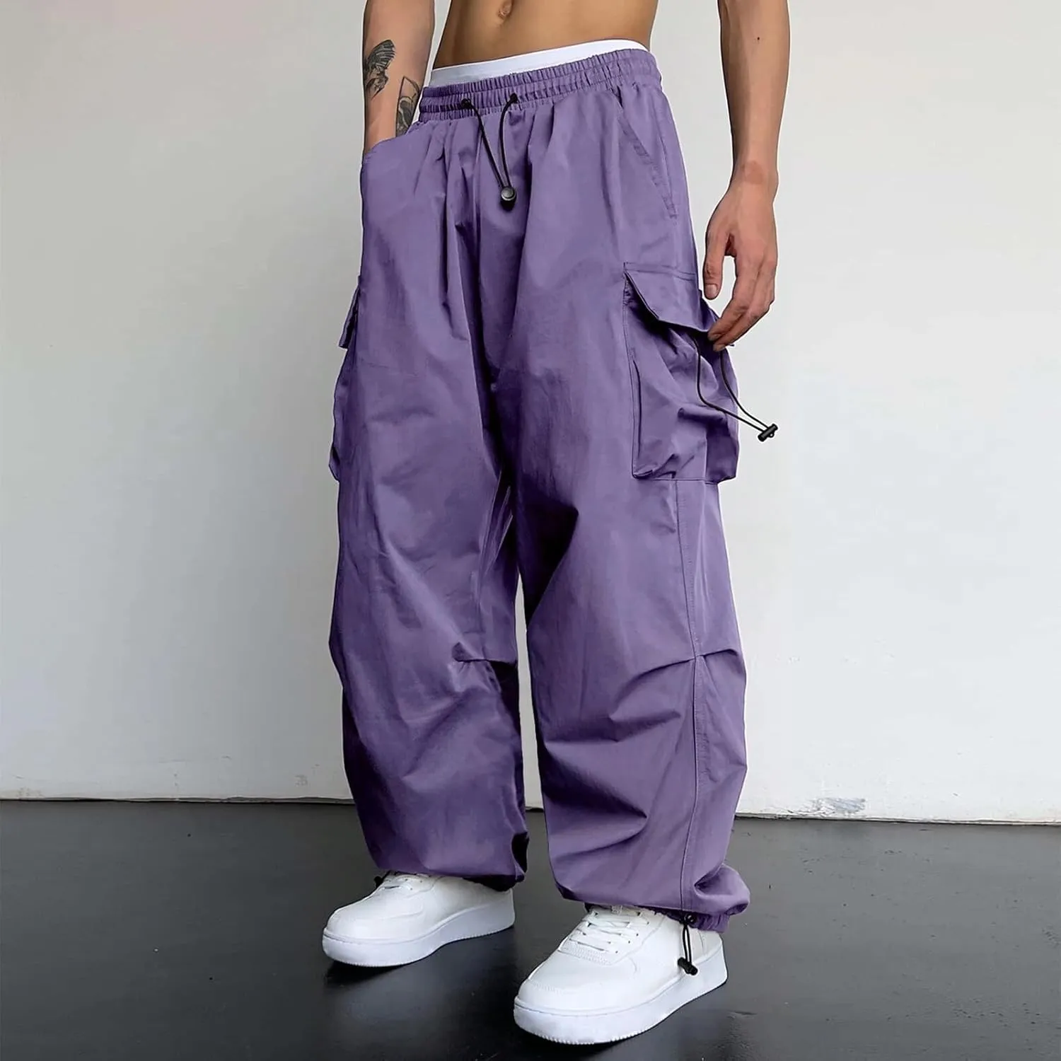 Mens Sweatpants with Pockets Wide Leg Baggy Elastic Waist Parachute Pants Lightweight Drawstring Comfy Casual Cargo Joggers