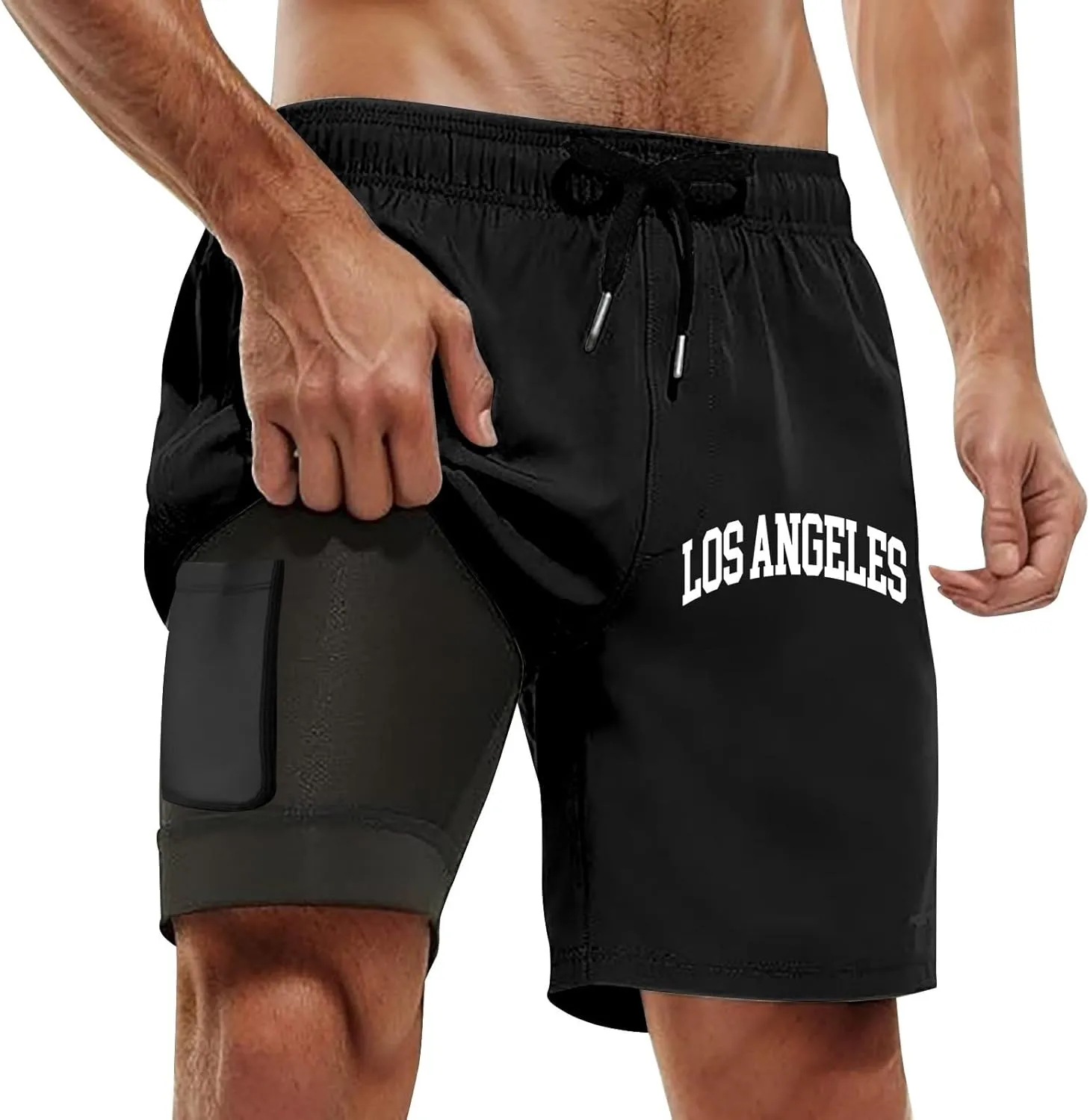 Mens Swim Trunks 7" Shorts with Compression Liner Quick Dry Swimming Plaid Grain Bathing Suit