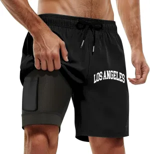 Mens Swim Trunks 7" Shorts with Compression Liner Quick Dry Swimming Plaid Grain Bathing Suit