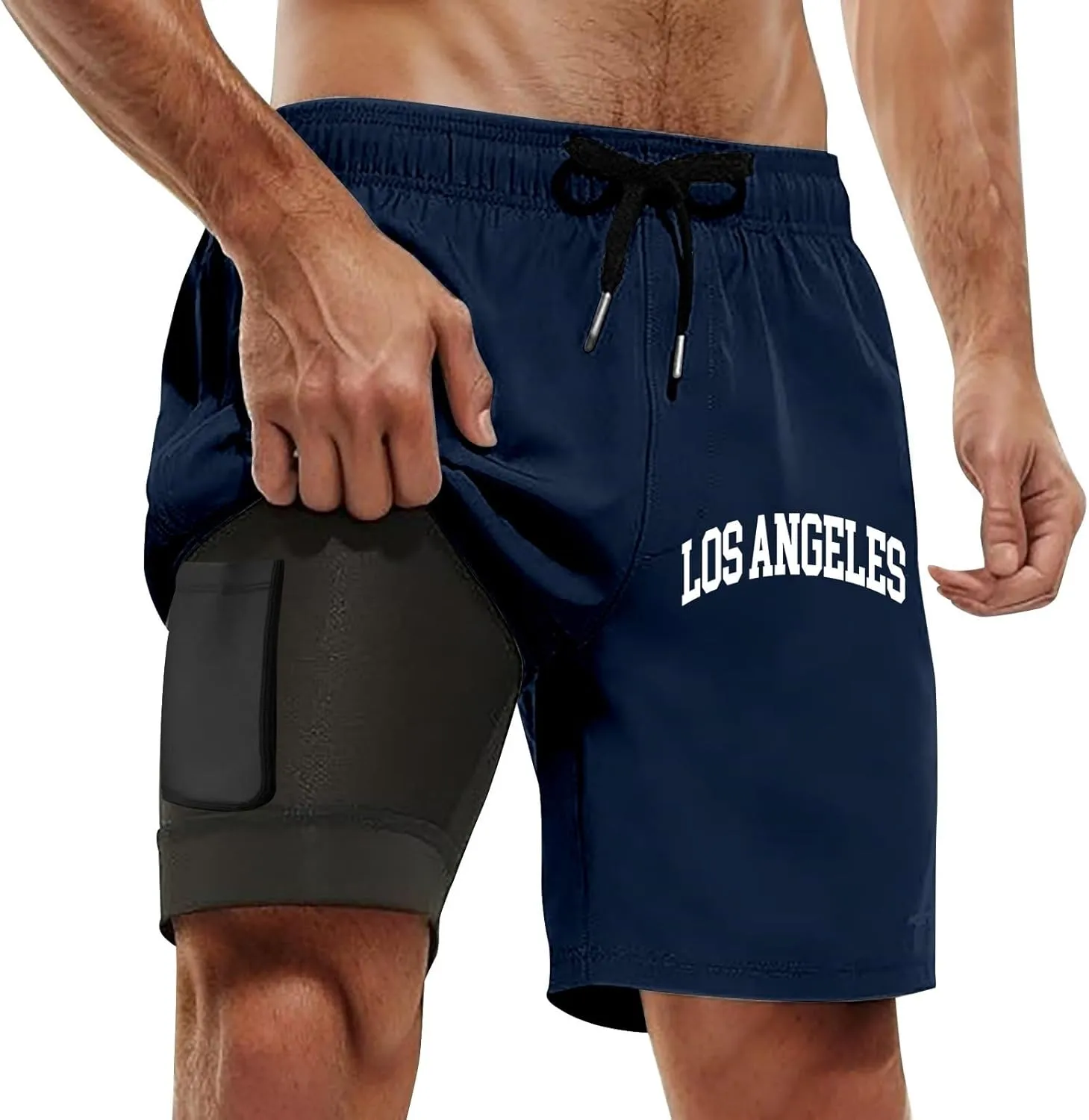 Mens Swim Trunks 7" Shorts with Compression Liner Quick Dry Swimming Plaid Grain Bathing Suit