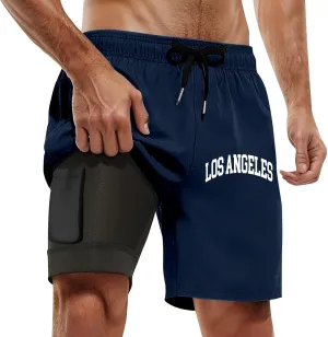 Mens Swim Trunks 7" Shorts with Compression Liner Quick Dry Swimming Plaid Grain Bathing Suit