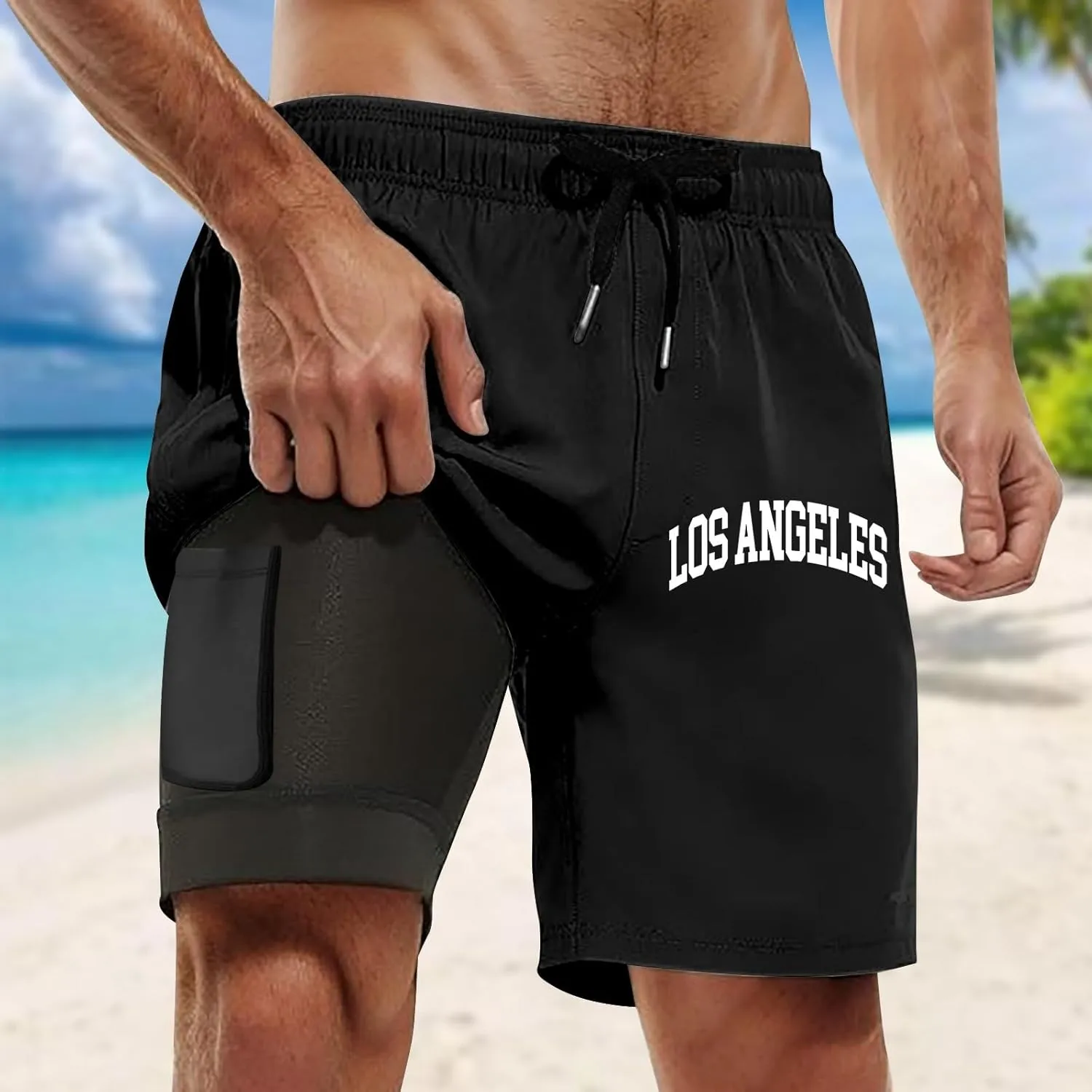Mens Swim Trunks 7" Shorts with Compression Liner Quick Dry Swimming Plaid Grain Bathing Suit