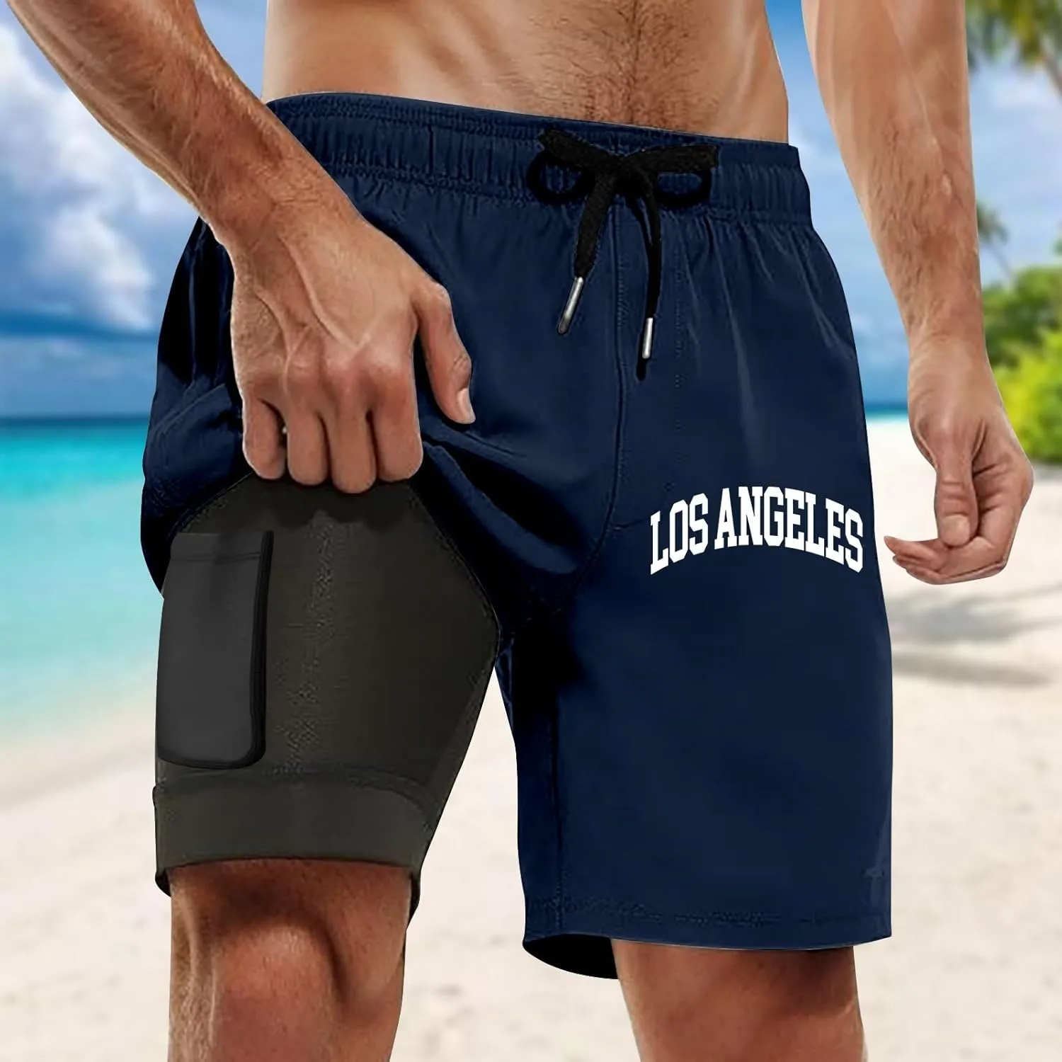 Mens Swim Trunks 7" Shorts with Compression Liner Quick Dry Swimming Plaid Grain Bathing Suit