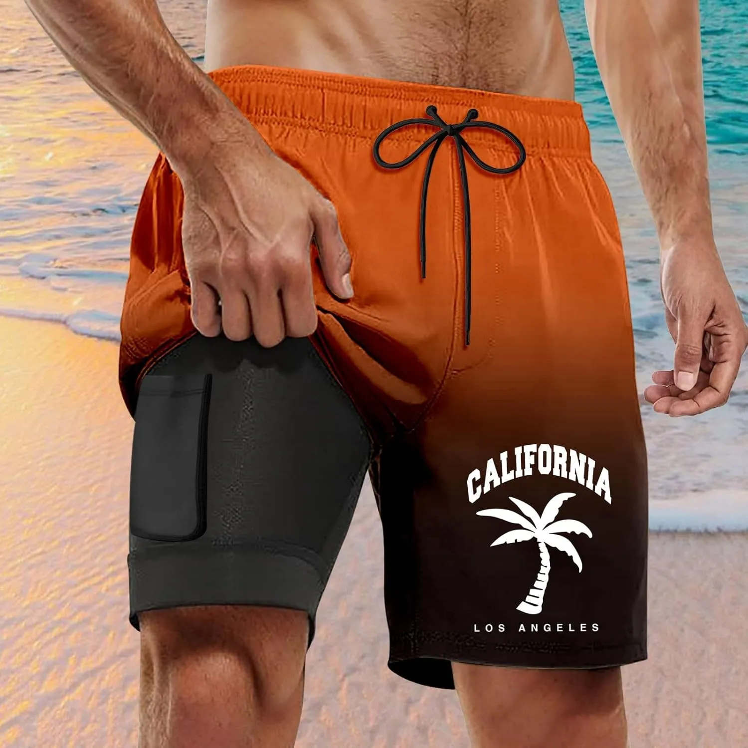Mens Swim Trunks Quick Dry Bathing Suit 9 inch Inseam Board Shorts with Compression Liner and Zipper Pocket