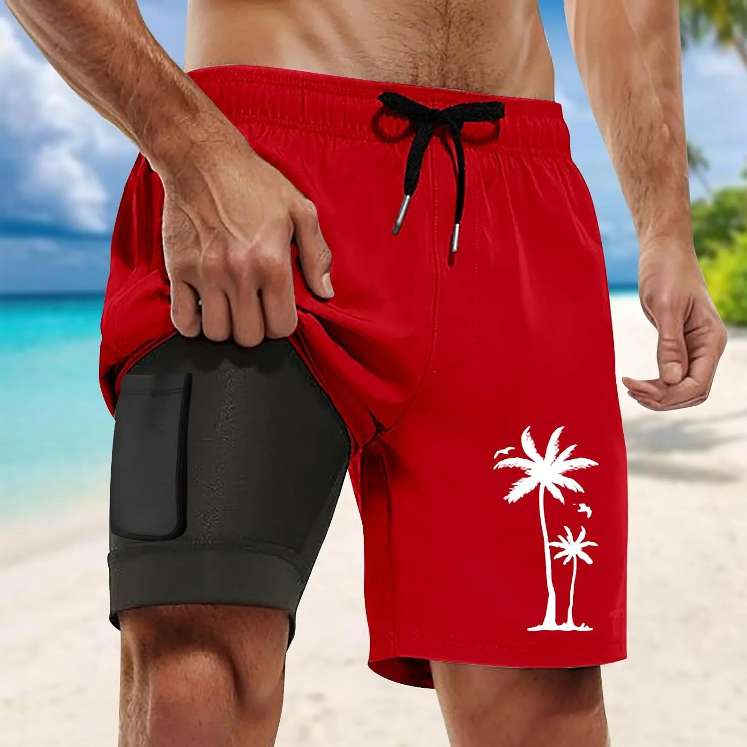 Mens Swim Trunks Quick Dry Bathing Suit with Compression Liner 5.5" Inseam Coconut Tree Print Beach Swim Shorts