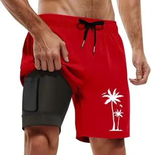 Mens Swim Trunks Quick Dry Bathing Suit with Compression Liner 5.5" Inseam Coconut Tree Print Beach Swim Shorts