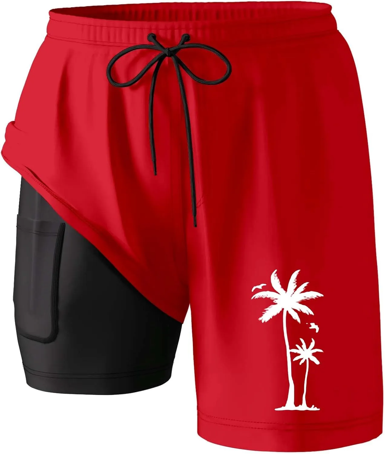 Mens Swim Trunks Quick Dry Bathing Suit with Compression Liner 5.5" Inseam Coconut Tree Print Beach Swim Shorts