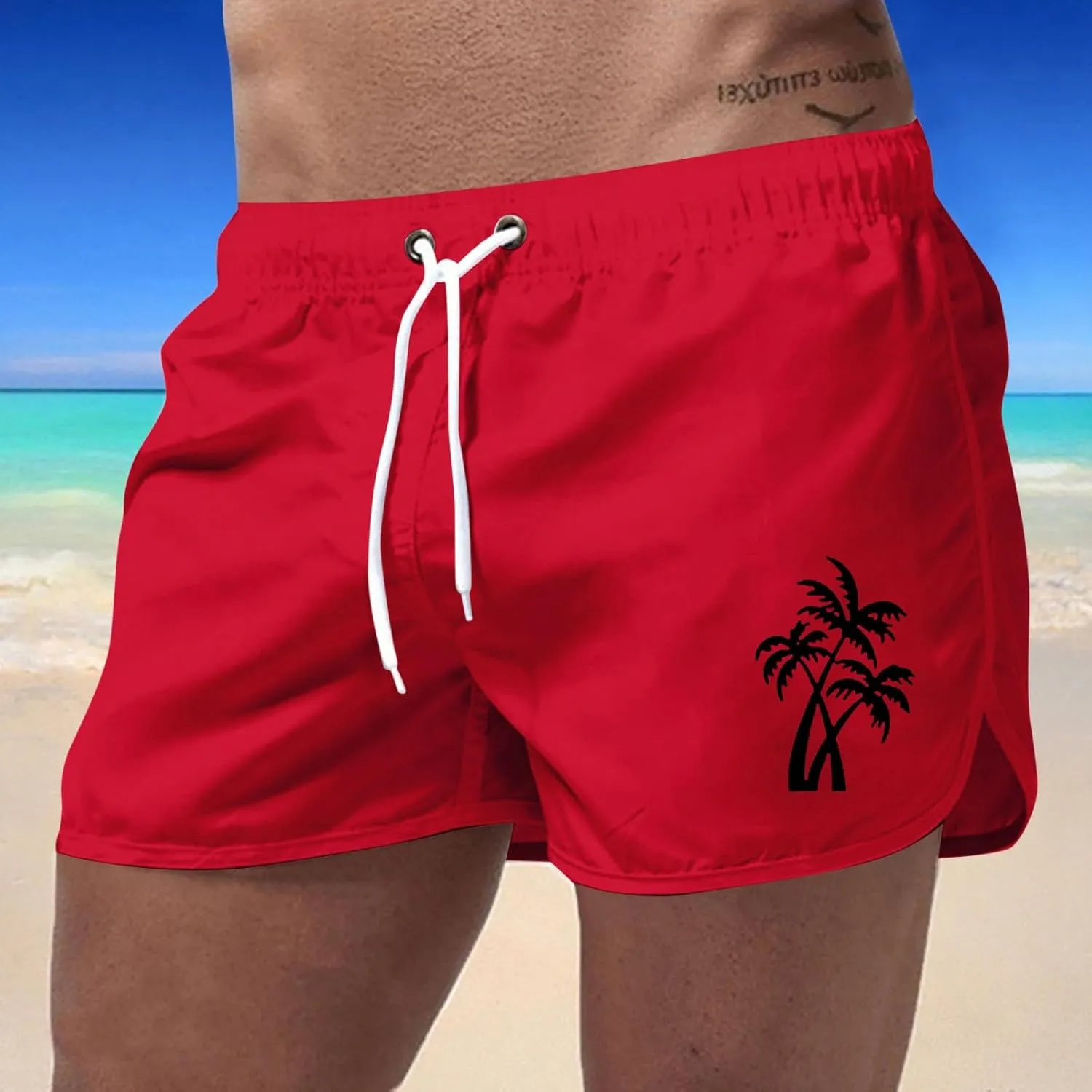 Mens Swim Trunks Quick Dry Palm Tree Print Board Shorts with Mesh Lining, Breathable Surf Beach Shorts Swimwear Bathing Suits