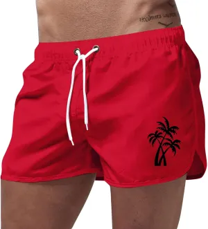 Mens Swim Trunks Quick Dry Palm Tree Print Board Shorts with Mesh Lining, Breathable Surf Beach Shorts Swimwear Bathing Suits
