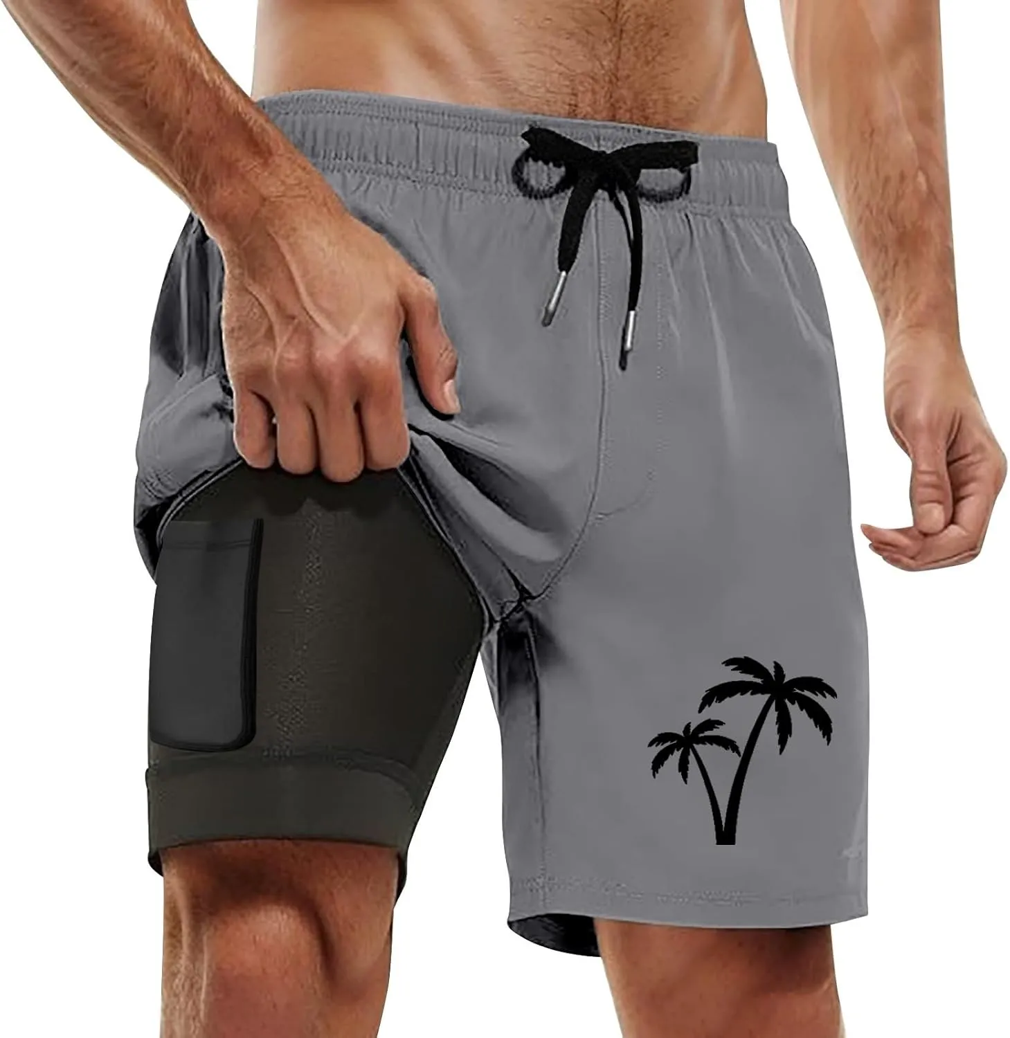 Men's Swim Trunks with Compression Liner 2 in 1 Quick-Dry Stretch Beach Shorts with Three Pockets