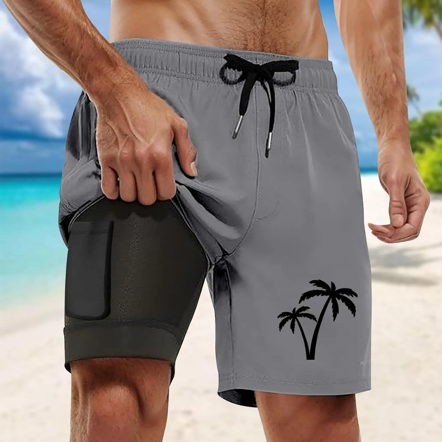 Men's Swim Trunks with Compression Liner 2 in 1 Quick-Dry Stretch Beach Shorts with Three Pockets