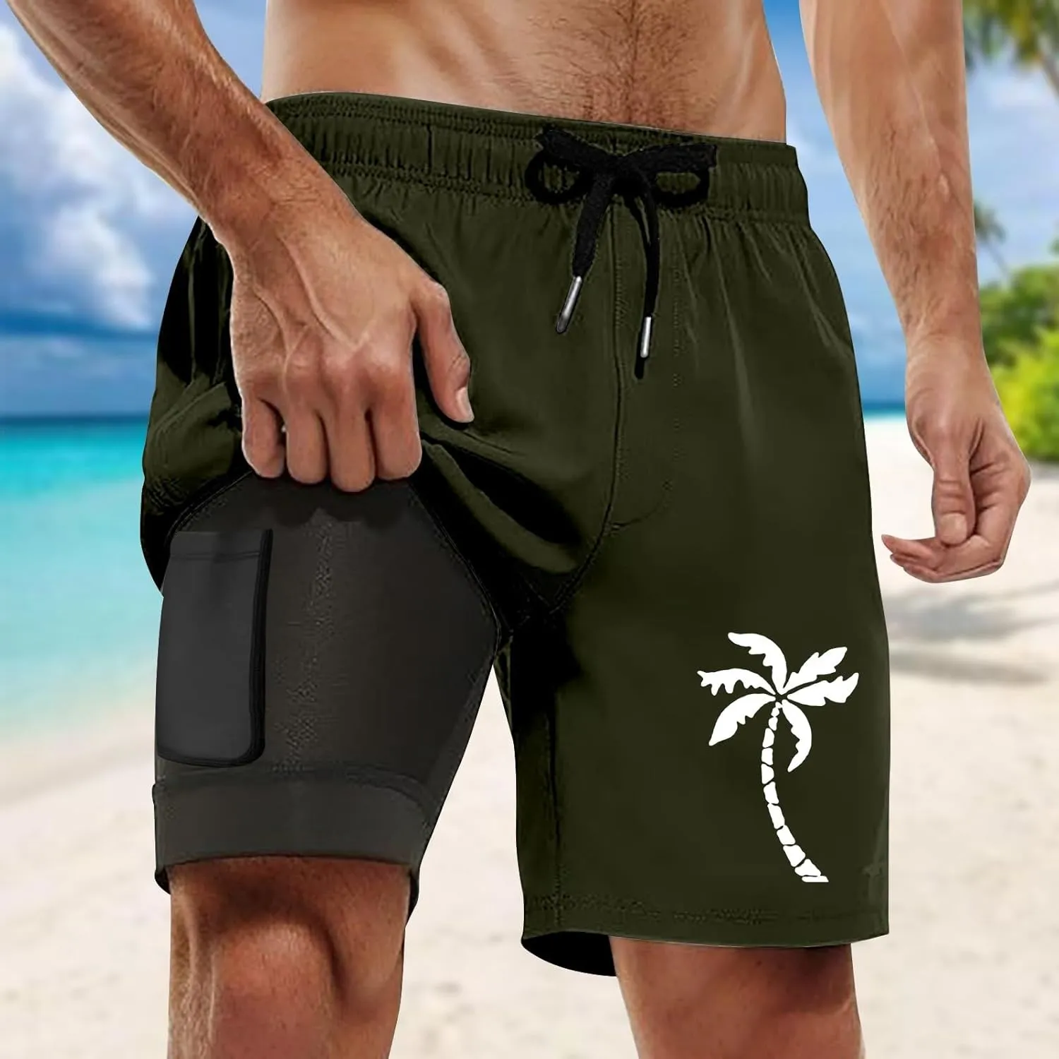 Mens Swim Trunks with Compression Liner 5.5" Inseam Quick Dry Bathing Suit Lightweight Swimming Shorts