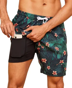 Mens Swim Trunks with Compression Liner 7" Quick Dry Swimsuit Board Shorts Bathing Suits with Zipper Pockets