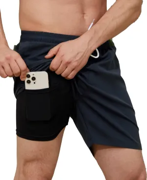 Mens Swim Trunks with Compression Liner 7" Quick Dry Swimsuit Board Shorts Bathing Suits with Zipper Pockets