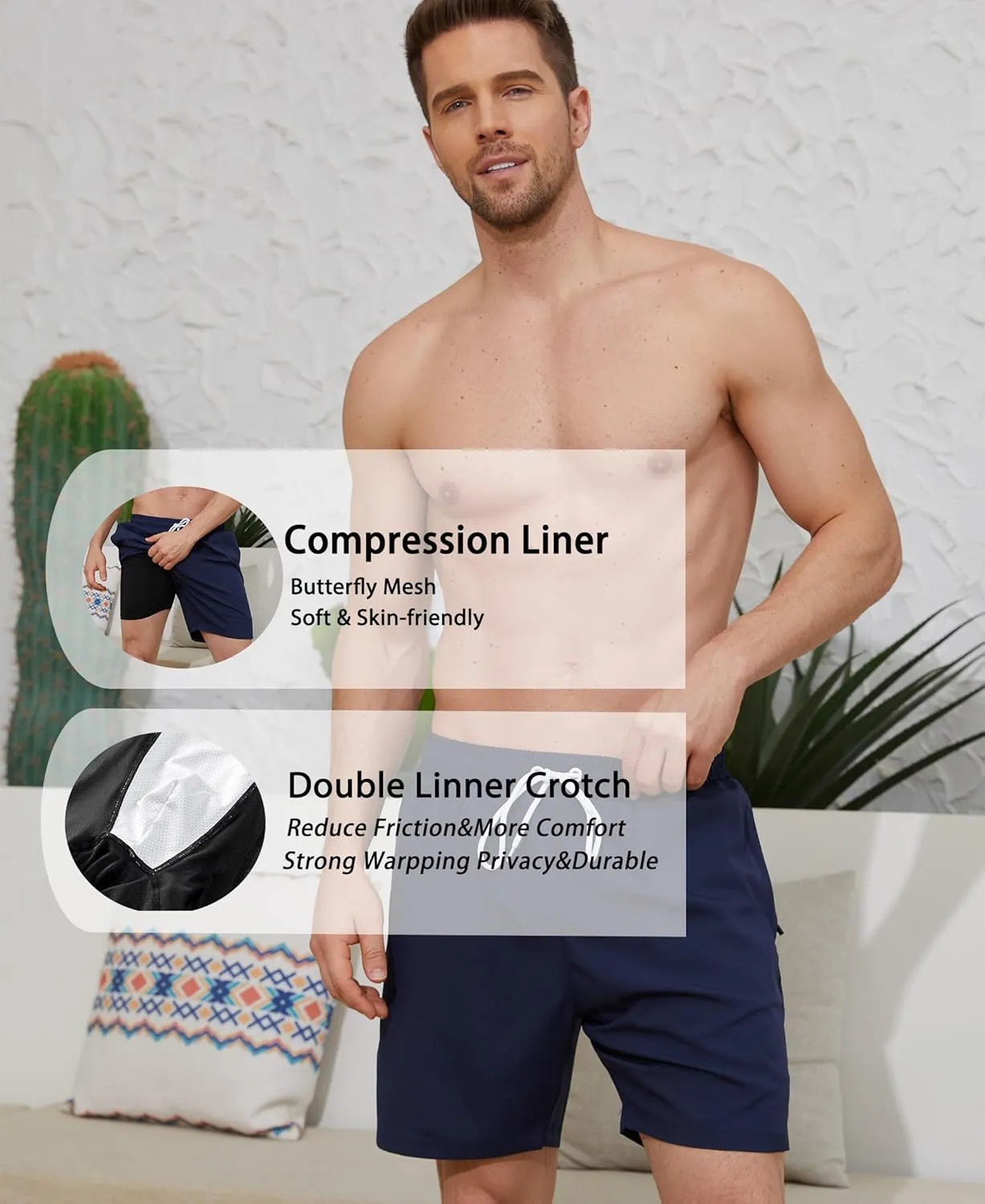 Mens Swim Trunks with Compression Liner 7" Quick Dry Swimsuit Board Shorts Bathing Suits with Zipper Pockets