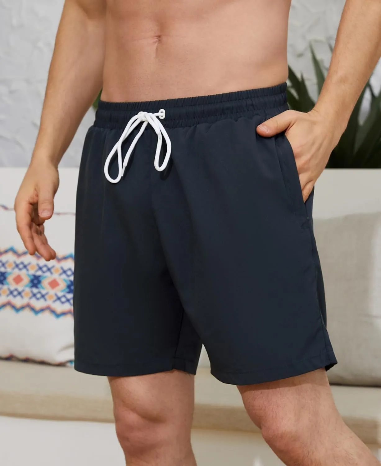 Mens Swim Trunks with Compression Liner 7" Quick Dry Swimsuit Board Shorts Bathing Suits with Zipper Pockets