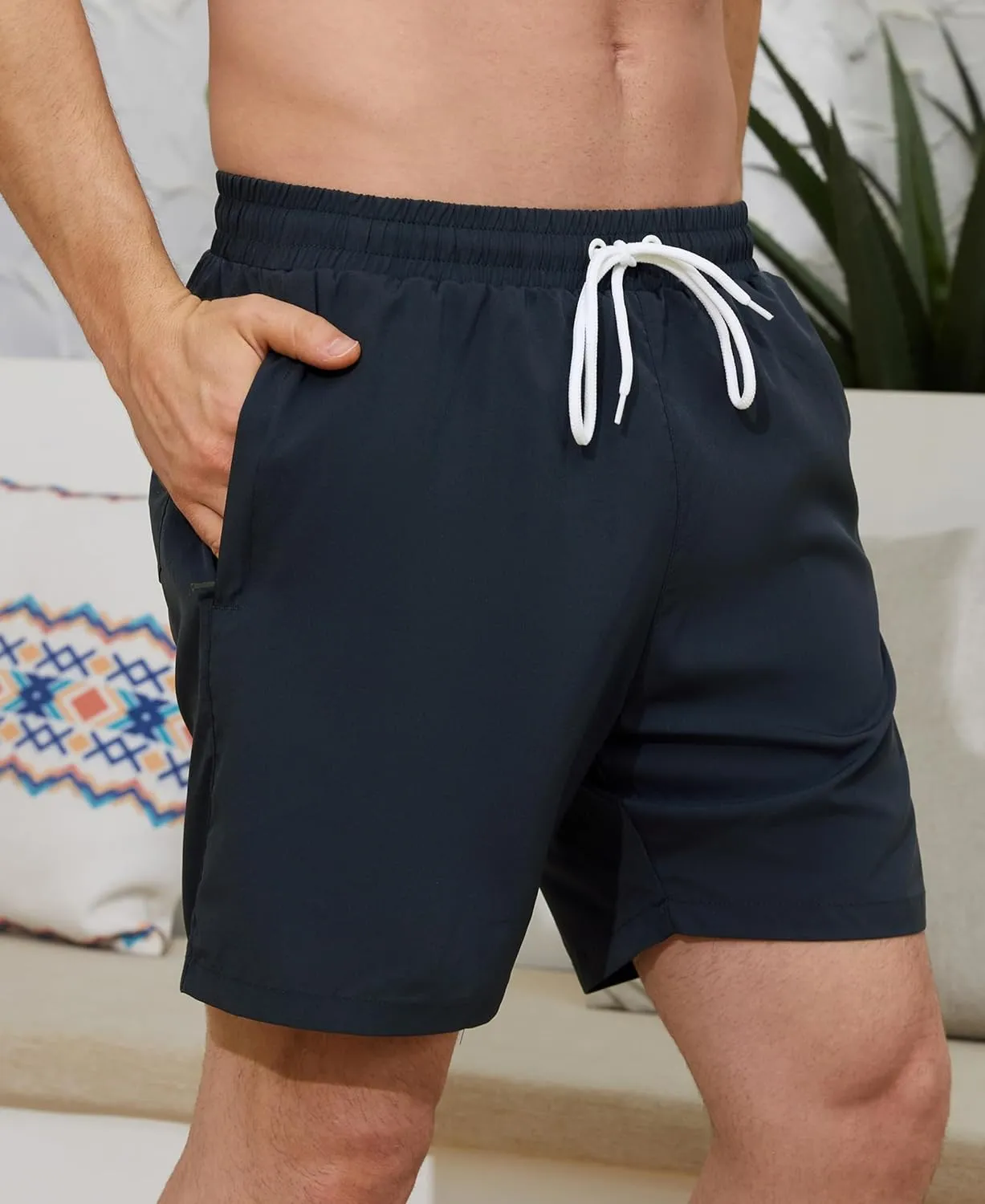 Mens Swim Trunks with Compression Liner 7" Quick Dry Swimsuit Board Shorts Bathing Suits with Zipper Pockets
