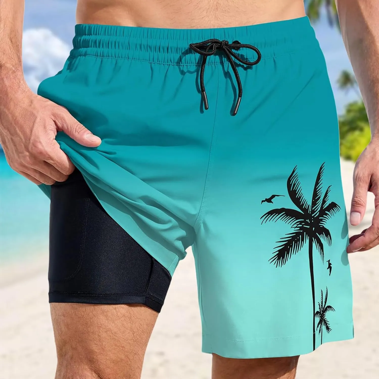 Mens Swim Trunks with Compression Liner Quick Dry Tropical Printed Bathing Suit Summer Beach Swimming Shorts Pockets