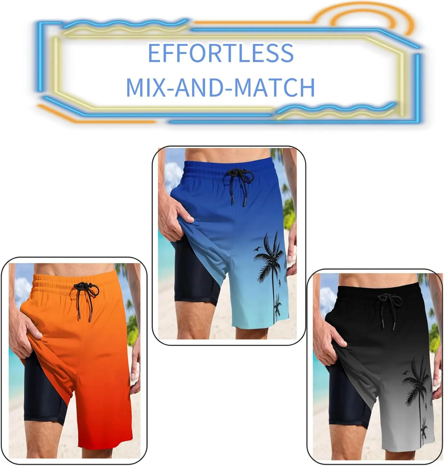Mens Swim Trunks with Compression Liner Quick Dry Tropical Printed Bathing Suit Summer Beach Swimming Shorts Pockets