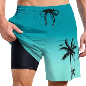 Mens Swim Trunks with Compression Liner Quick Dry Tropical Printed Bathing Suit Summer Beach Swimming Shorts Pockets