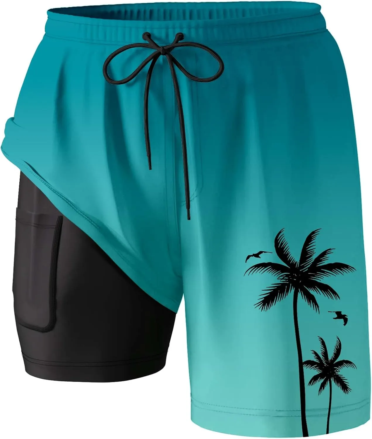 Mens Swim Trunks with Compression Liner Quick Dry Tropical Printed Bathing Suit Summer Beach Swimming Shorts Pockets