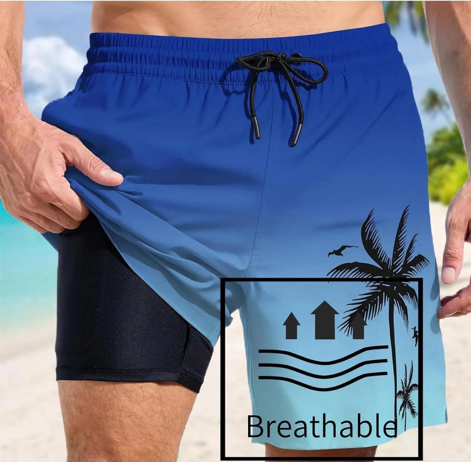 Mens Swim Trunks with Compression Liner Quick Dry Tropical Printed Bathing Suit Summer Beach Swimming Shorts Pockets