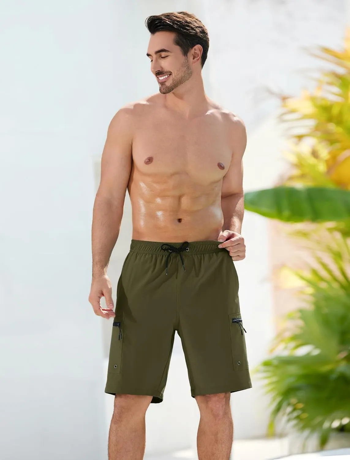 Mens Swim Trunks with Compression Liner Zipper Cargo Pockets Bathing Suit 9 Inch Quick-Dry Swimming Shorts