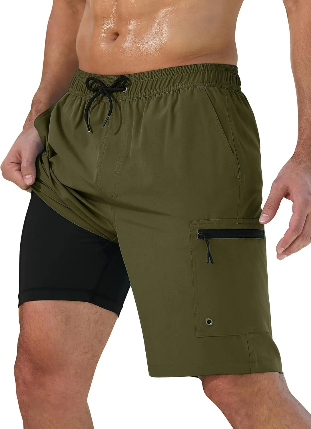 Mens Swim Trunks with Compression Liner Zipper Cargo Pockets Bathing Suit 9 Inch Quick-Dry Swimming Shorts