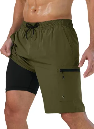 Mens Swim Trunks with Compression Liner Zipper Cargo Pockets Bathing Suit 9 Inch Quick-Dry Swimming Shorts