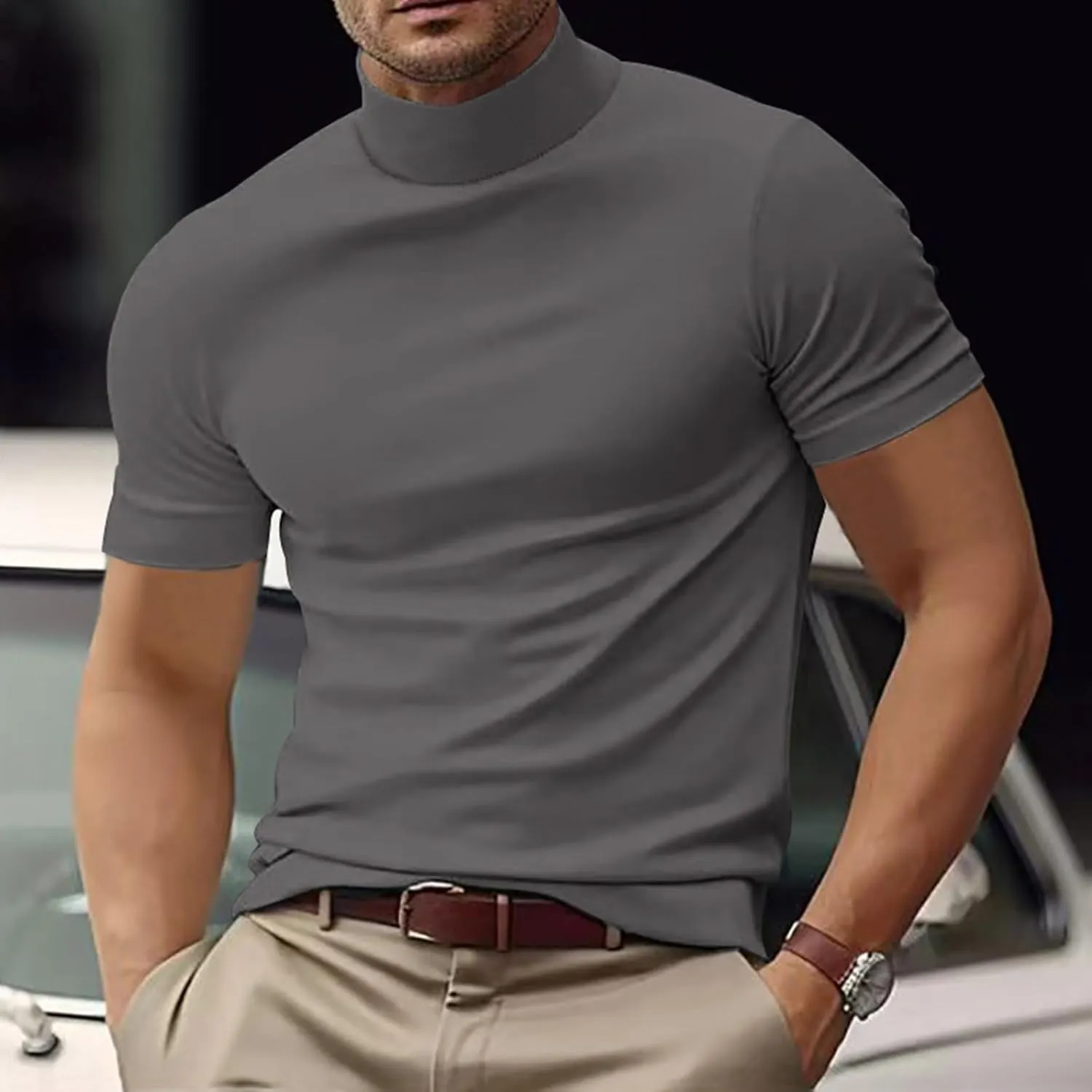 Mens T Shirt Short Sleeve Basic Mock Turtleneck Tshirts Slim Fit Undershirt Pullover Thermal Solid Shirts Tops Men