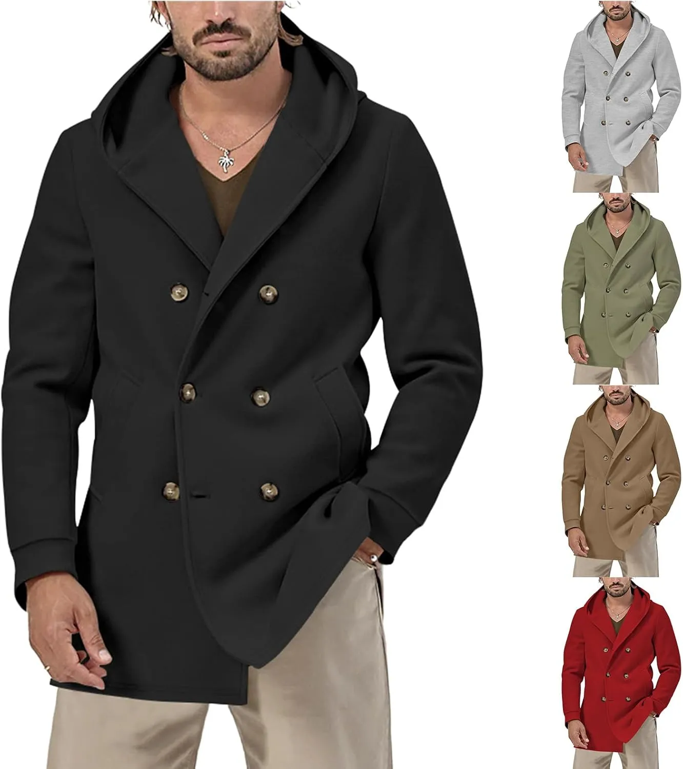 Mens Trench Coat with Hood Notched Lapel Double Breasted Peacoat Midi Long Jacket Windbreaker Overcoat Pea Coat Hoodie